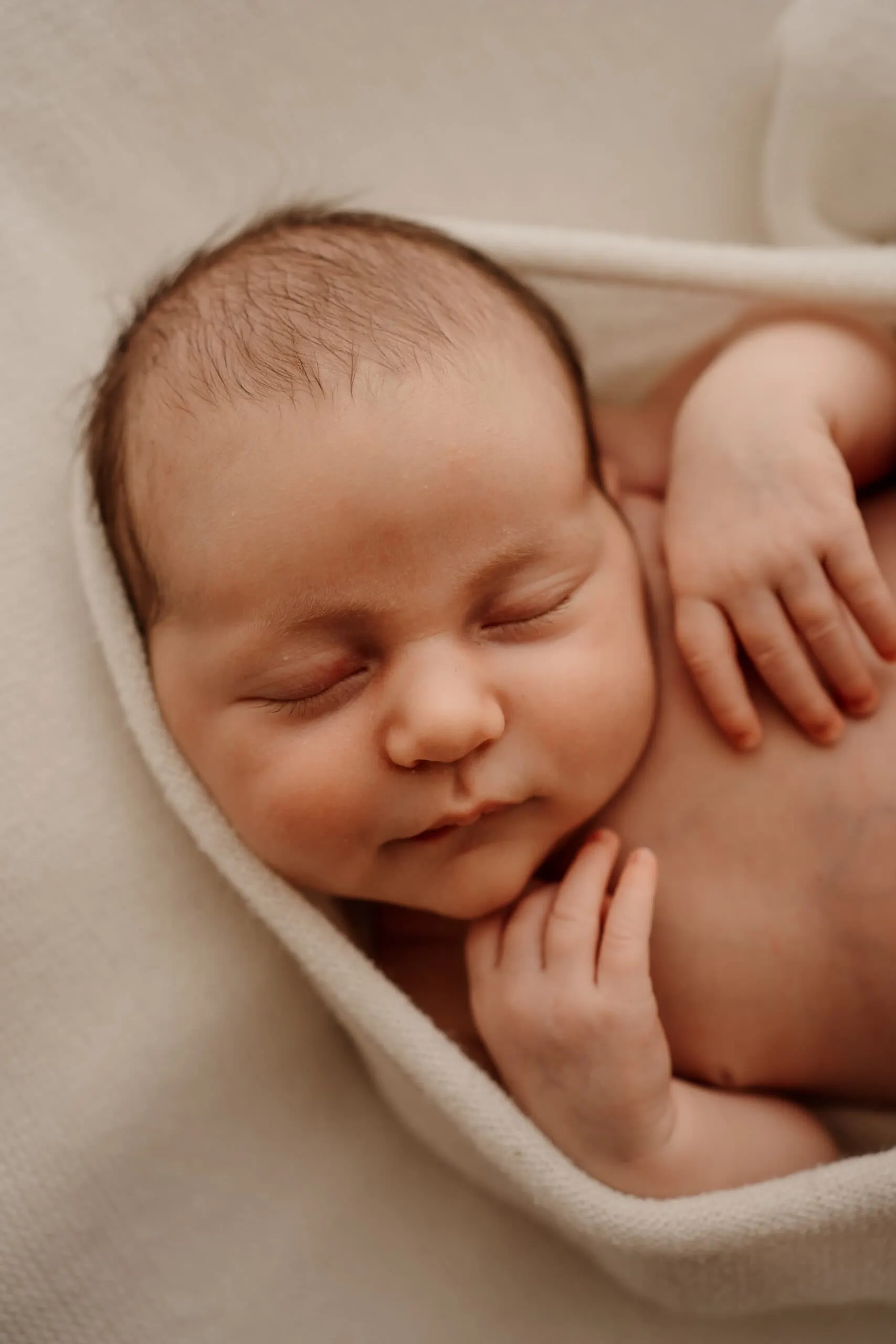 Neugeborenes Baby eingewickelt in einer Decke im FotoStudio Fotografie Herzseeligkeit