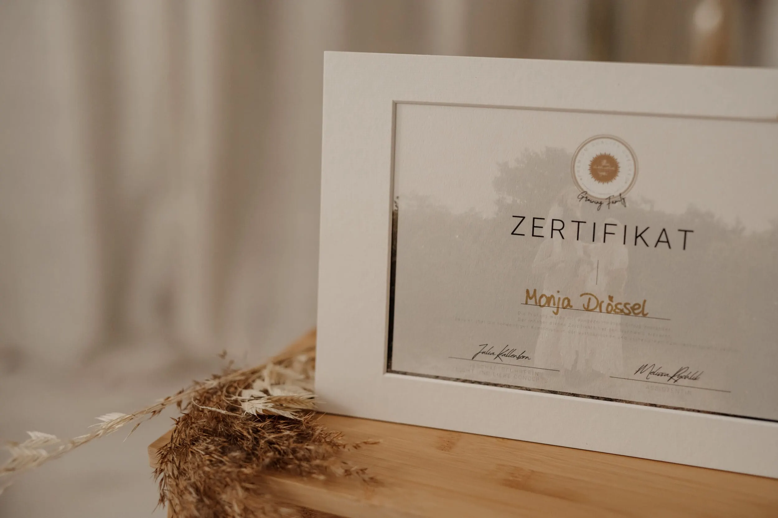 Zertifikat von der Familienfotografin Monja Drössel von Fotografie herzseeligkeit für die videografie im Bereich der Familienfotografie